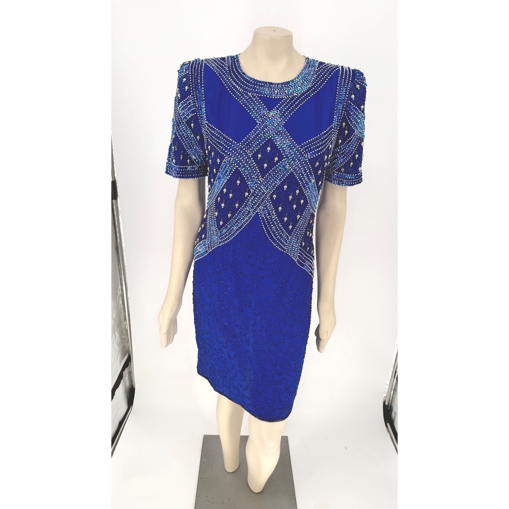 Laurence Kazar VTG 80s Blue Silk Beaded Sequin Cocktail Dress Keyhole Back PM
